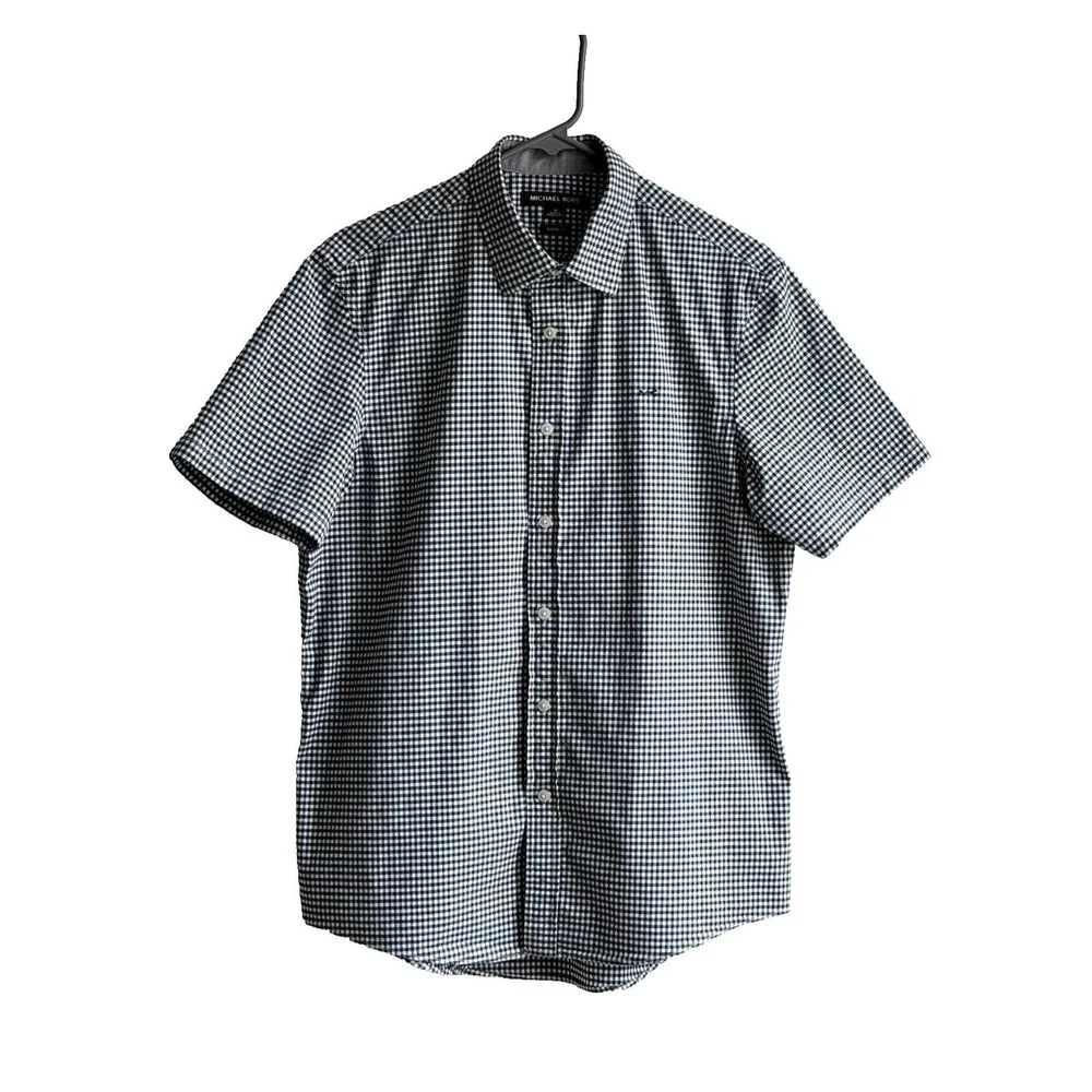 Michael Kors Mens Gingham Short Sleeve Button Down Shirt Size M Navy White